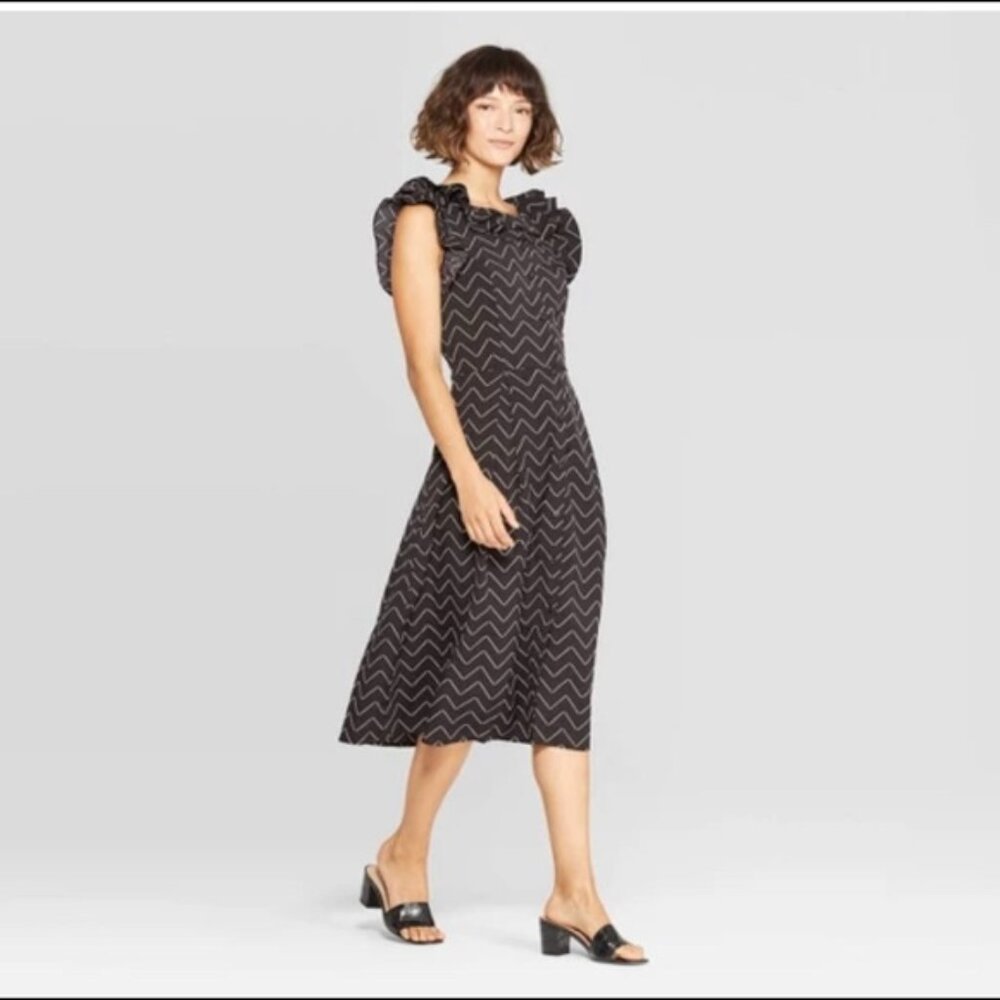 Who What Wear Frilled Black Chevron Dress